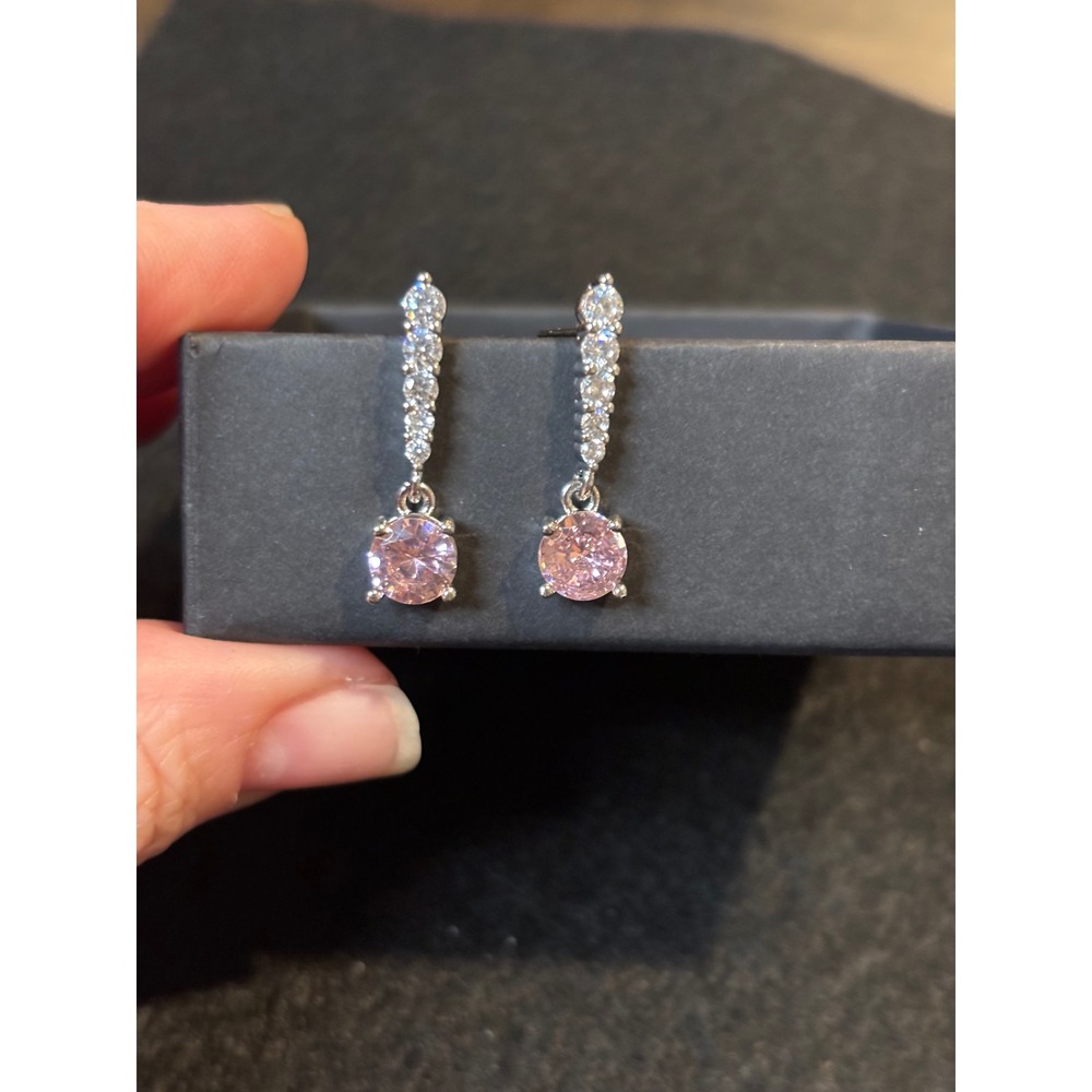 Pink Crystal Round Drop Earrings Silver Tone Pave Bar Dangle Wedding Formal